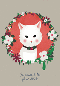Chat blanc fleuri pour des voeux 2026